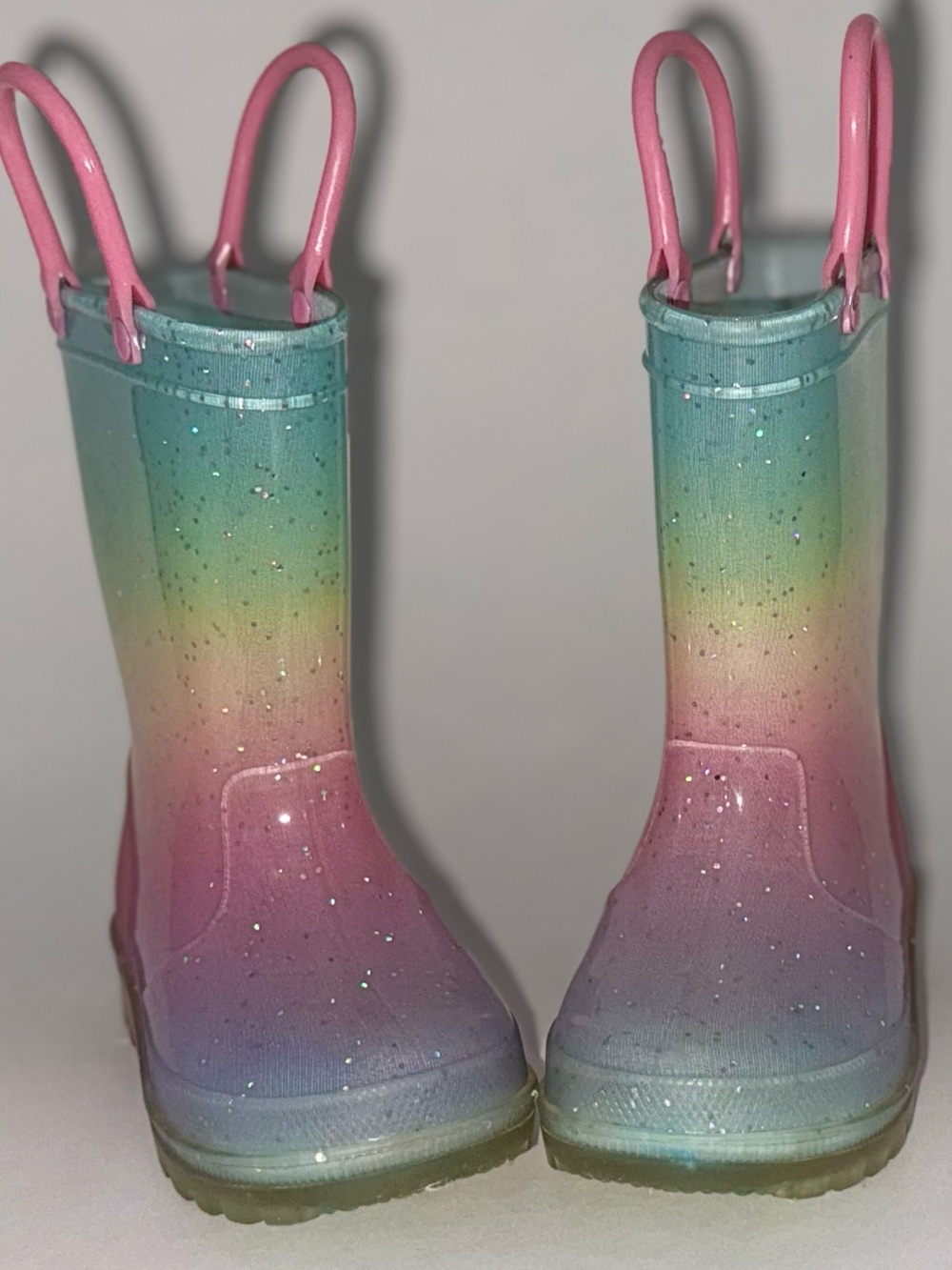 Kids Rainbow Glitter Light-Up Rain Boots with Pull-On Handles